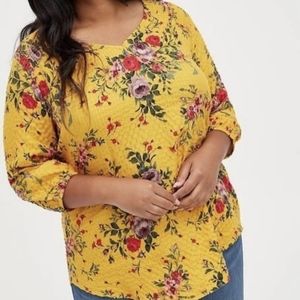 Torrid Yellow Floral Crinkle Gauze Smocked Tunic Top
